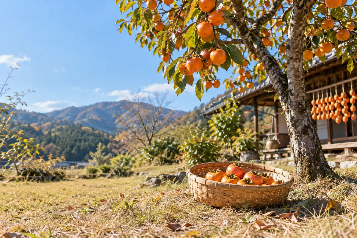 青空の下の柿の木と、かごに入った収穫した柿