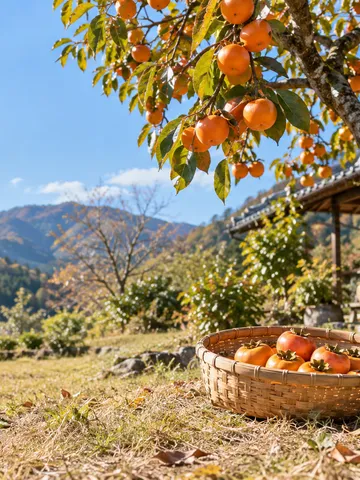 青空の下の柿の木と、かごに入った収穫した柿