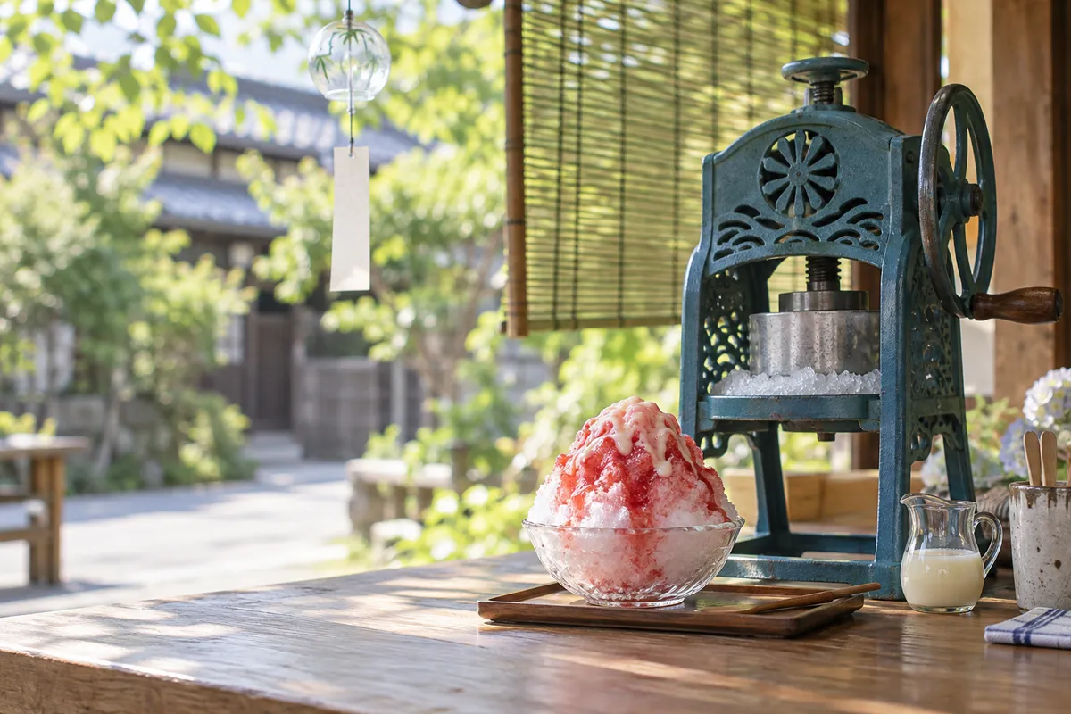 甘味処の店先で氷を削るかき氷器と、シロップのかかったかき氷