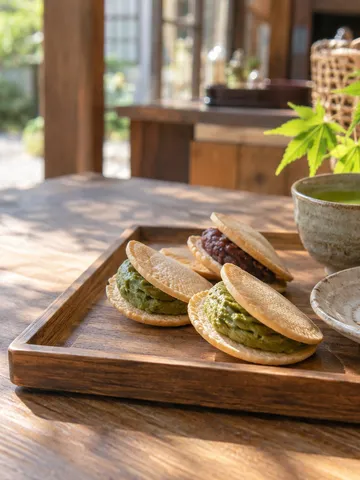 木のお盆に並ぶ和菓子とお茶