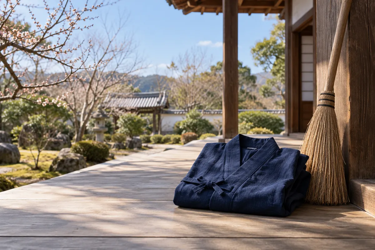 寺の縁側に置かれた藍色の作務衣とほうき