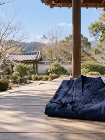 寺の縁側に置かれた藍色の作務衣とほうき