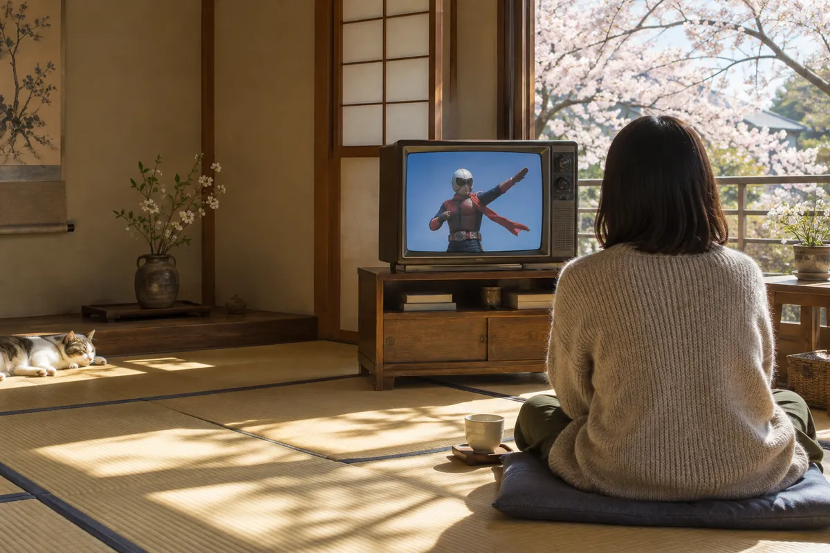 桜の見える和室で、ヒーロー番組を映すテレビ