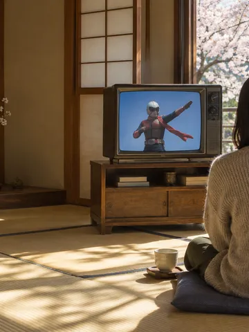 桜の見える和室で、ヒーロー番組を映すテレビ