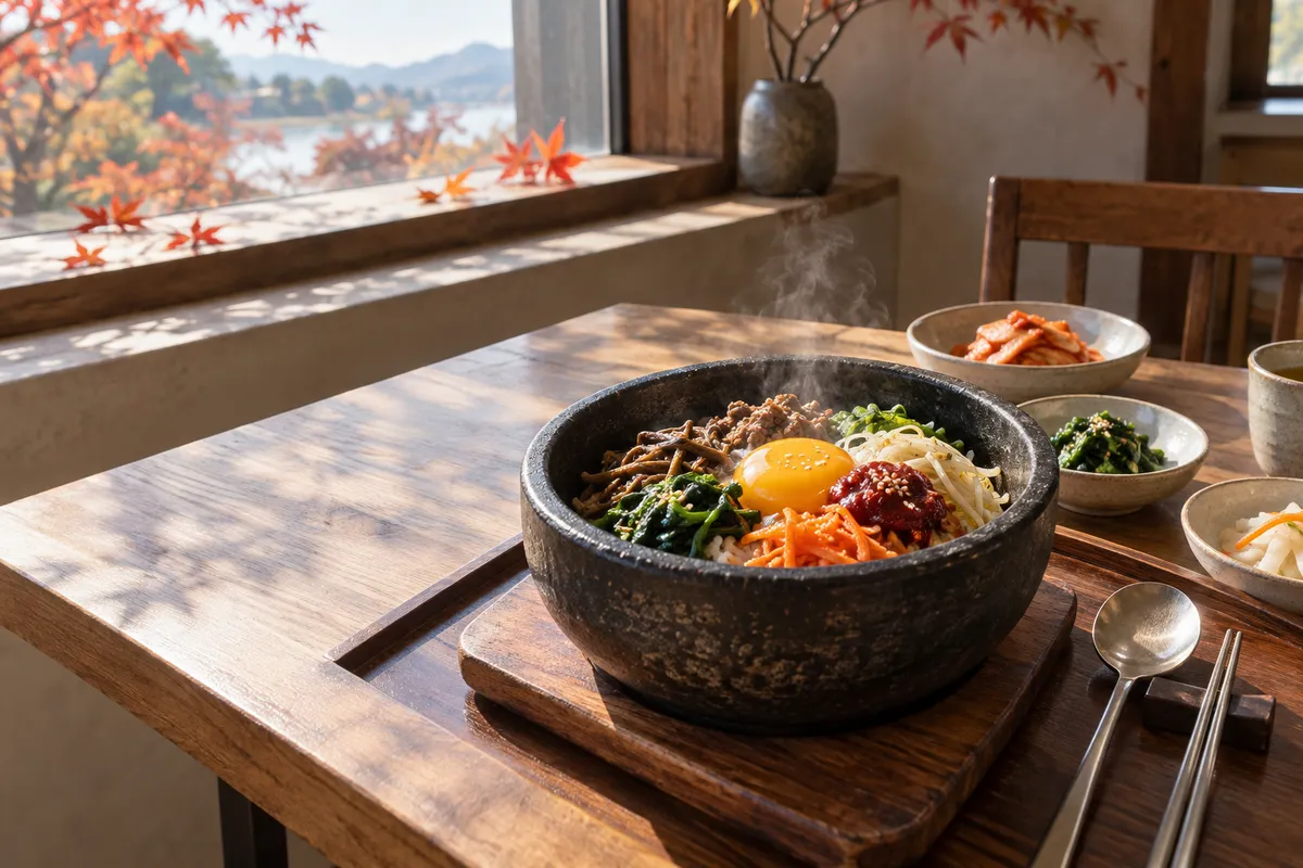 湯気の立つ石焼ビビンバと小皿のおかず