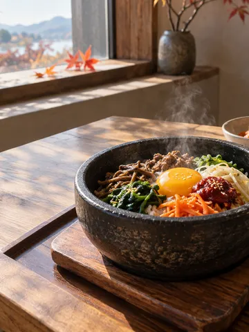 湯気の立つ石焼ビビンバと小皿のおかず