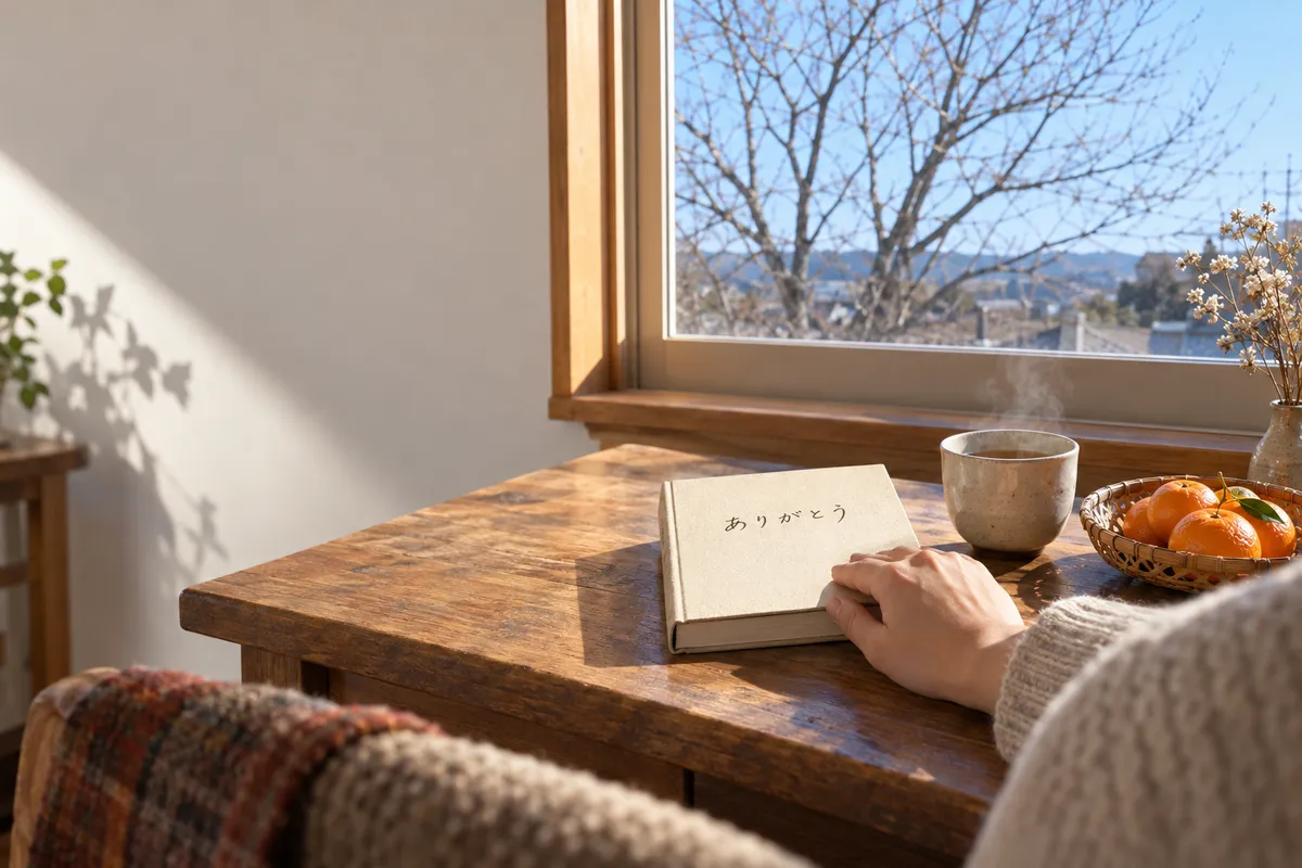 「ありがとう」と書かれた本と湯気の立つお茶、みかん