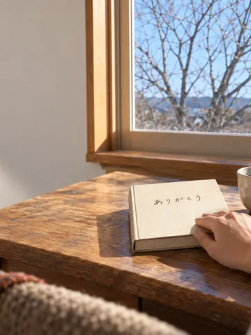 「ありがとう」と書かれた本と湯気の立つお茶、みかん