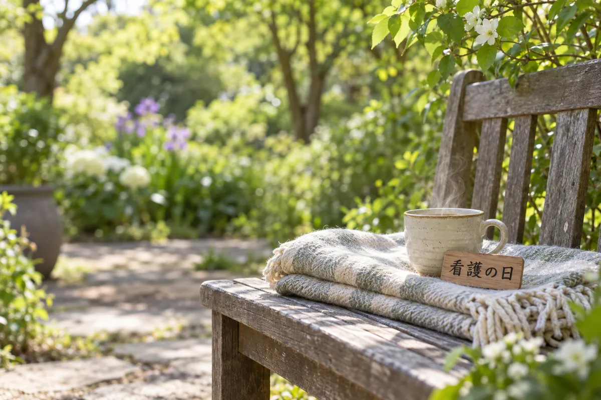 日なたのベンチに畳んだ毛布と湯気の立つお茶、「看護の日」の札