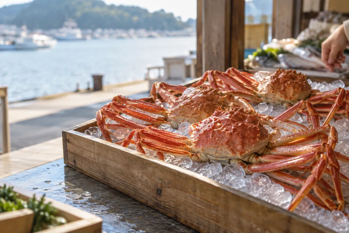鮮魚売り場の氷の上に並ぶゆでたかに