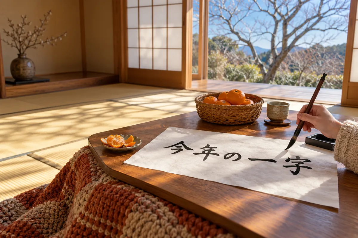 こたつの上の和紙に筆で書かれた「今年の一字」