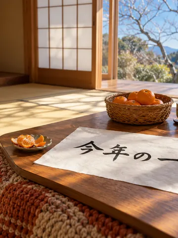 こたつの上の和紙に筆で書かれた「今年の一字」