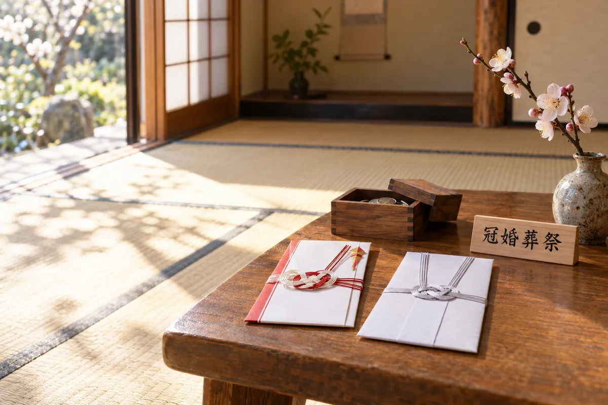 祝儀袋と不祝儀袋、「冠婚葬祭」と書かれた木の札