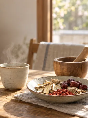生薬と白湯、「血の巡り」の木札がある台所