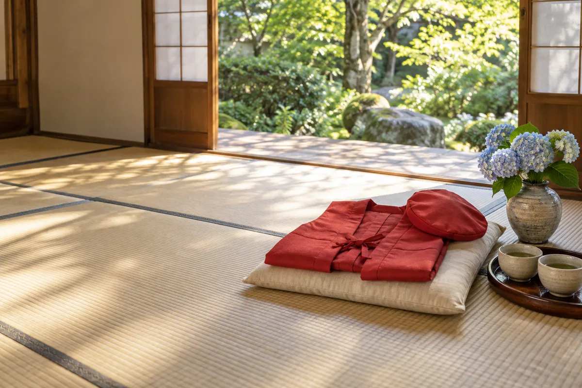 畳の部屋に置かれた赤いちゃんちゃんこと紫陽花