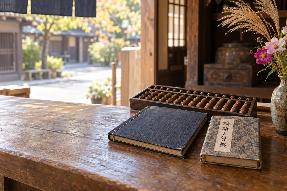 帳場の台に置かれた算盤と『論語と算盤』の本
