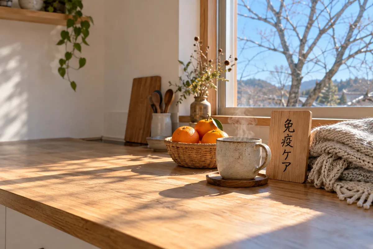 「免疫ケア」の札と白湯、みかんのある台所