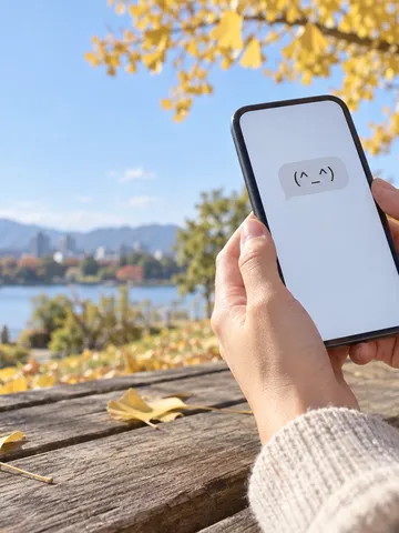 秋の公園のベンチで顔文字を表示したスマホを持つ手元