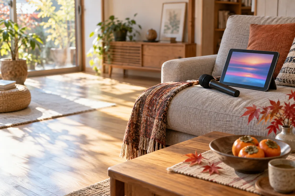 日差しの入る居間のソファに置かれたマイクとタブレット