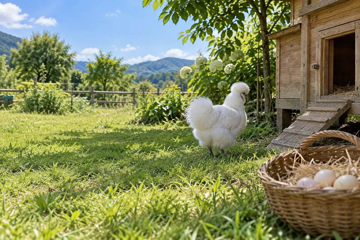 夏の日差しの下、草地に立つ白い烏骨鶏と卵のかご