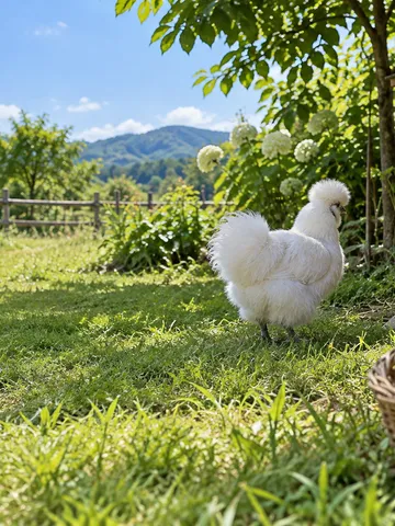 夏の日差しの下、草地に立つ白い烏骨鶏と卵のかご