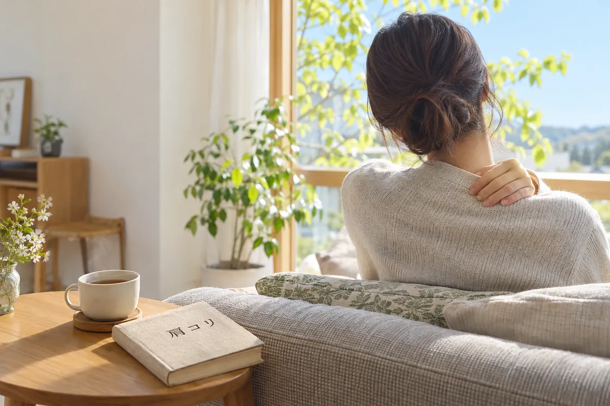 肩に手を添えて休む後ろ姿と本、湯気の立つお茶