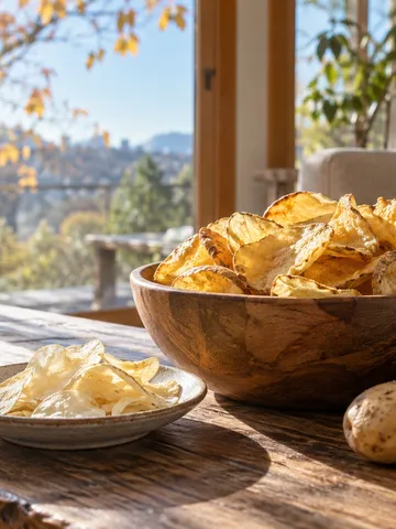 厚切りのポテトチップスを盛った木の器と生のじゃがいも
