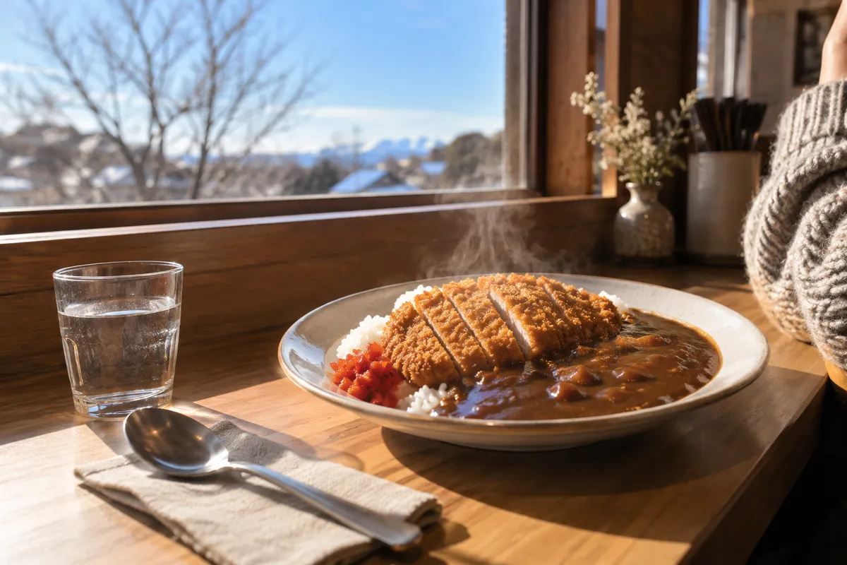 洋食店のカウンターに置かれた湯気の立つカツカレー