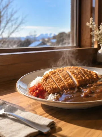 洋食店のカウンターに置かれた湯気の立つカツカレー
