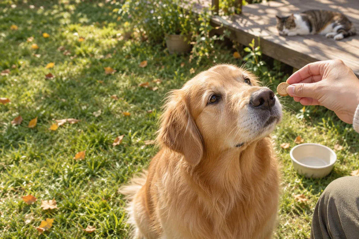手のひらからおやつをもらう犬と、日なたでくつろぐ猫