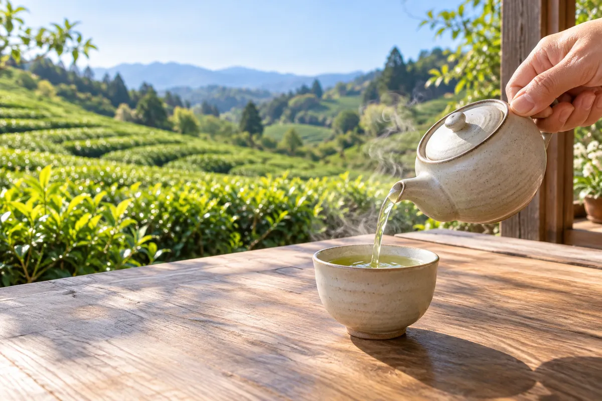 茶畑を背に急須から緑茶を注ぐ手元