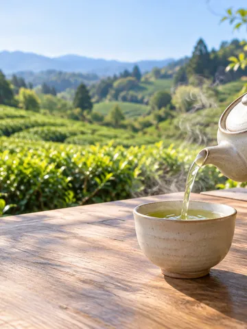 茶畑を背に急須から緑茶を注ぐ手元