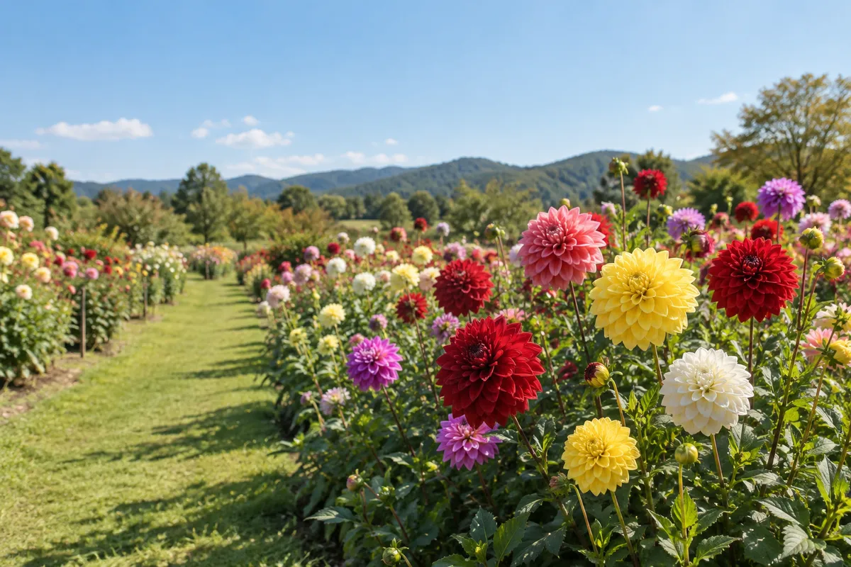 青空の下、色とりどりのダリアが咲く花畑