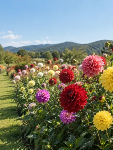 青空の下、色とりどりのダリアが咲く花畑