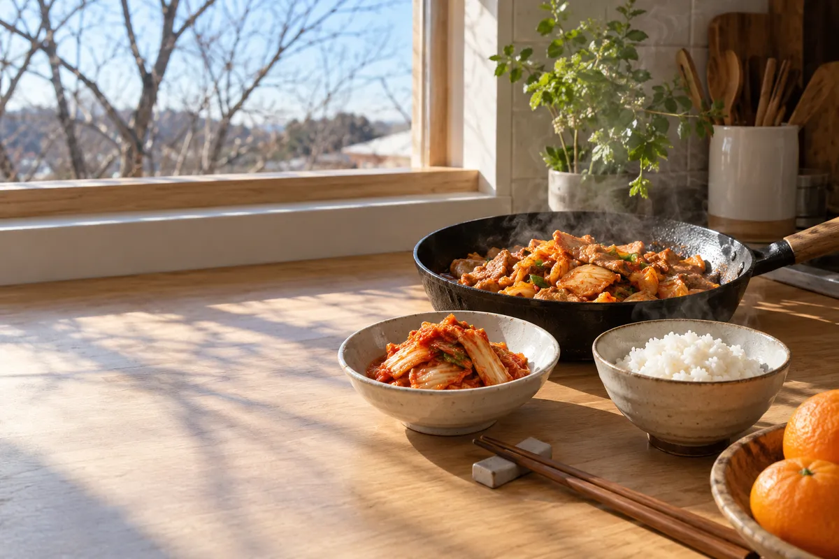 台所に並ぶキムチと豚キムチ炒め、ご飯