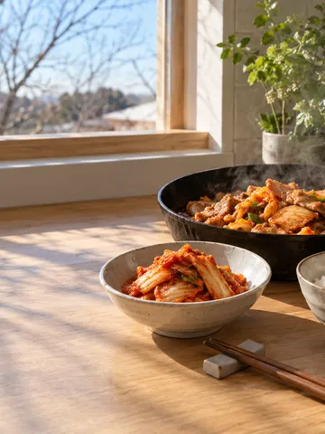 台所に並ぶキムチと豚キムチ炒め、ご飯