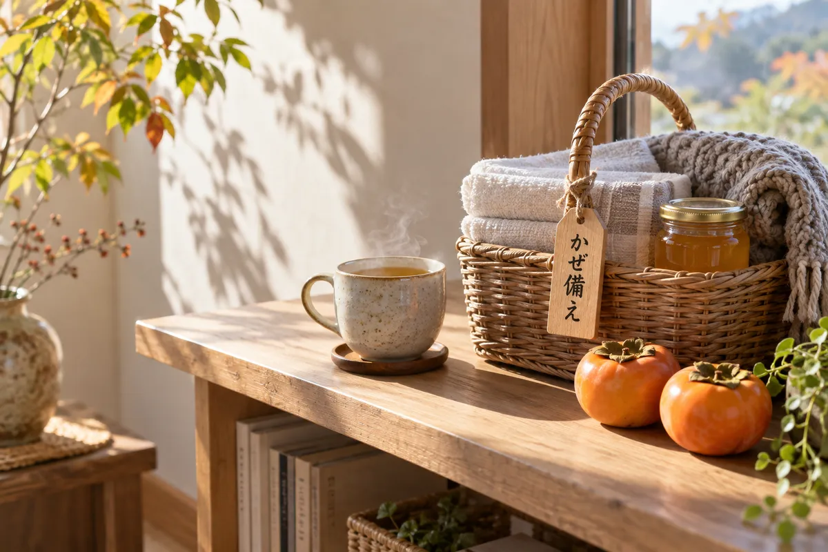 「かぜ備え」の札が付いたかごと湯気の立つ生姜茶