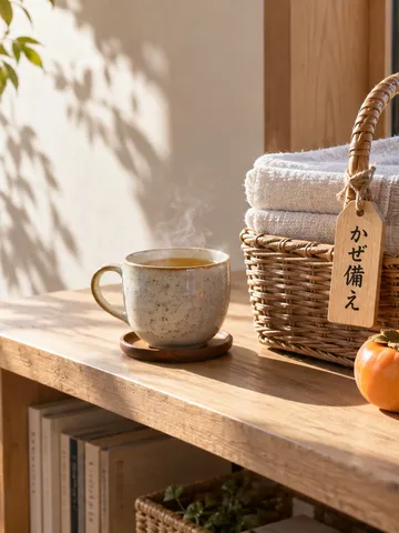 「かぜ備え」の札が付いたかごと湯気の立つ生姜茶