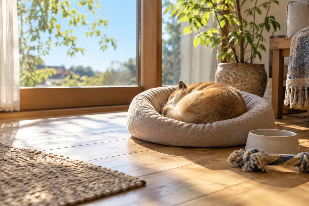 日なたのクッションで眠る犬と食器、おもちゃ