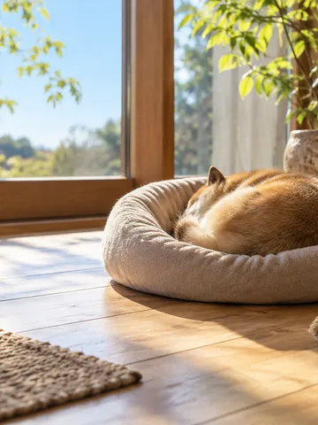 日なたのクッションで眠る犬と食器、おもちゃ