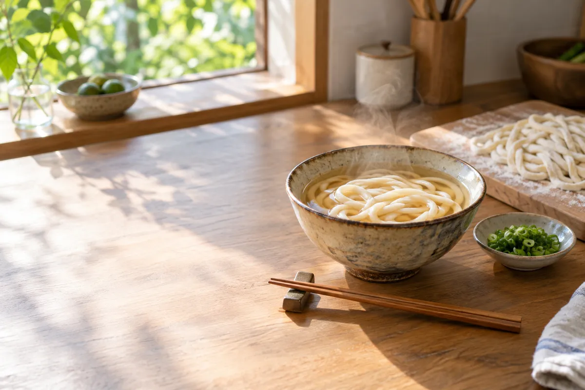 湯気の立つうどんの器と手打ち麺