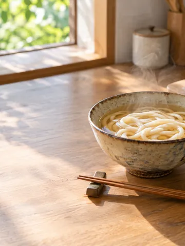 湯気の立つうどんの器と手打ち麺