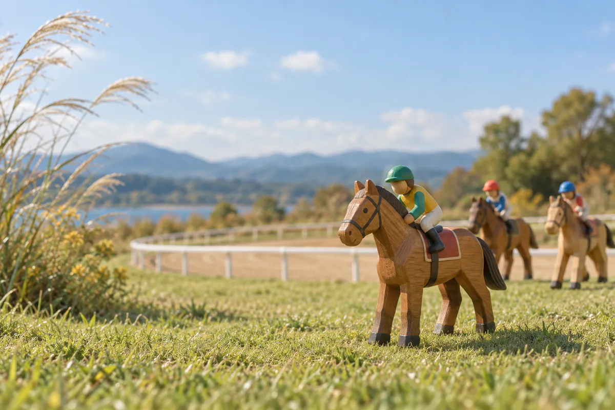 芝の上に並ぶ木製の競走馬のおもちゃとミニチュアのコース