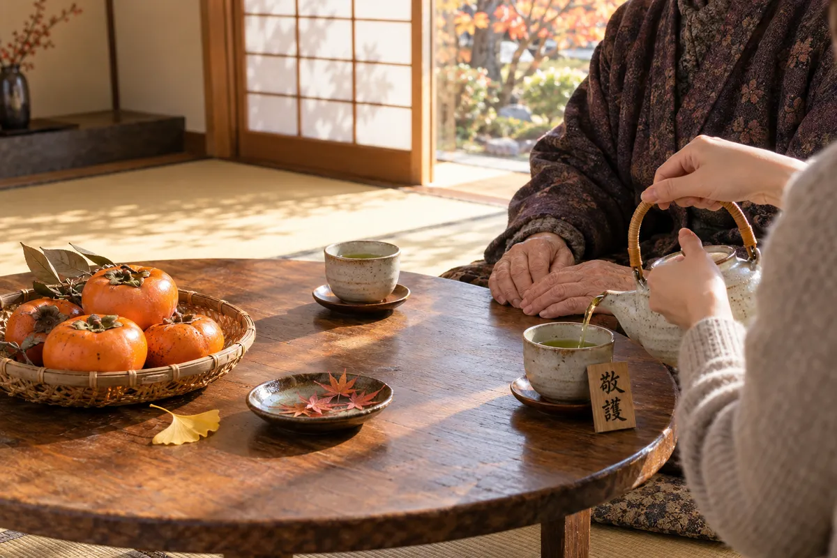 高齢者の手にお茶を注ぐ手と「敬護」の木札