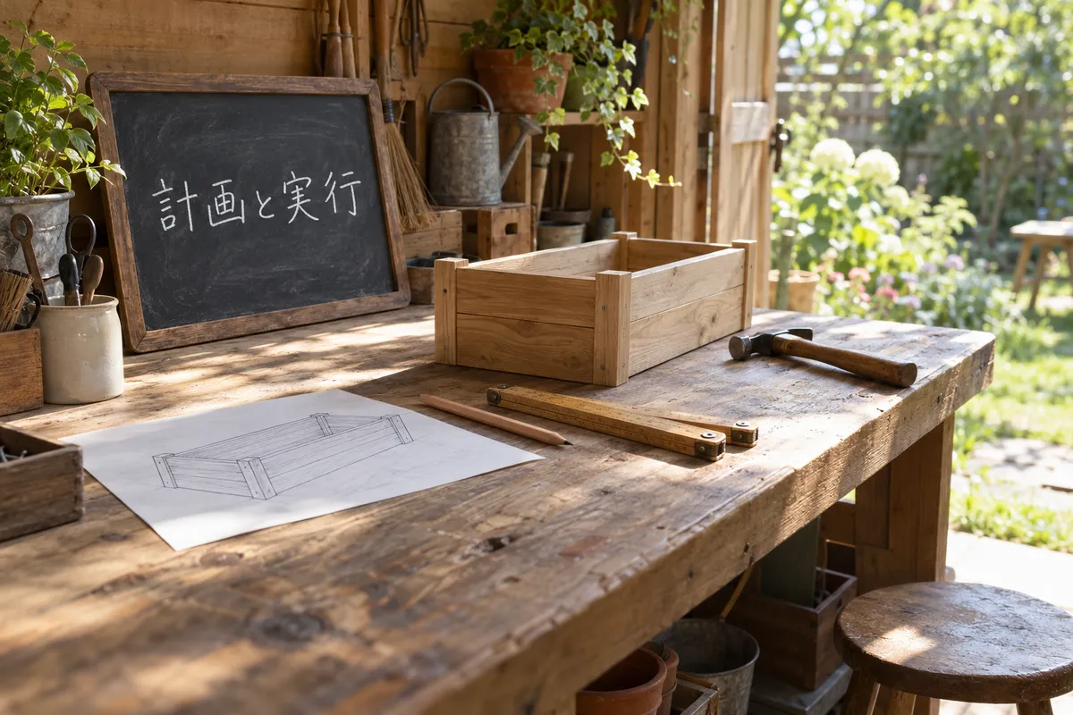 作業台の黒板と組みかけの木製プランター