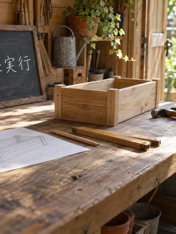 作業台の黒板と組みかけの木製プランター