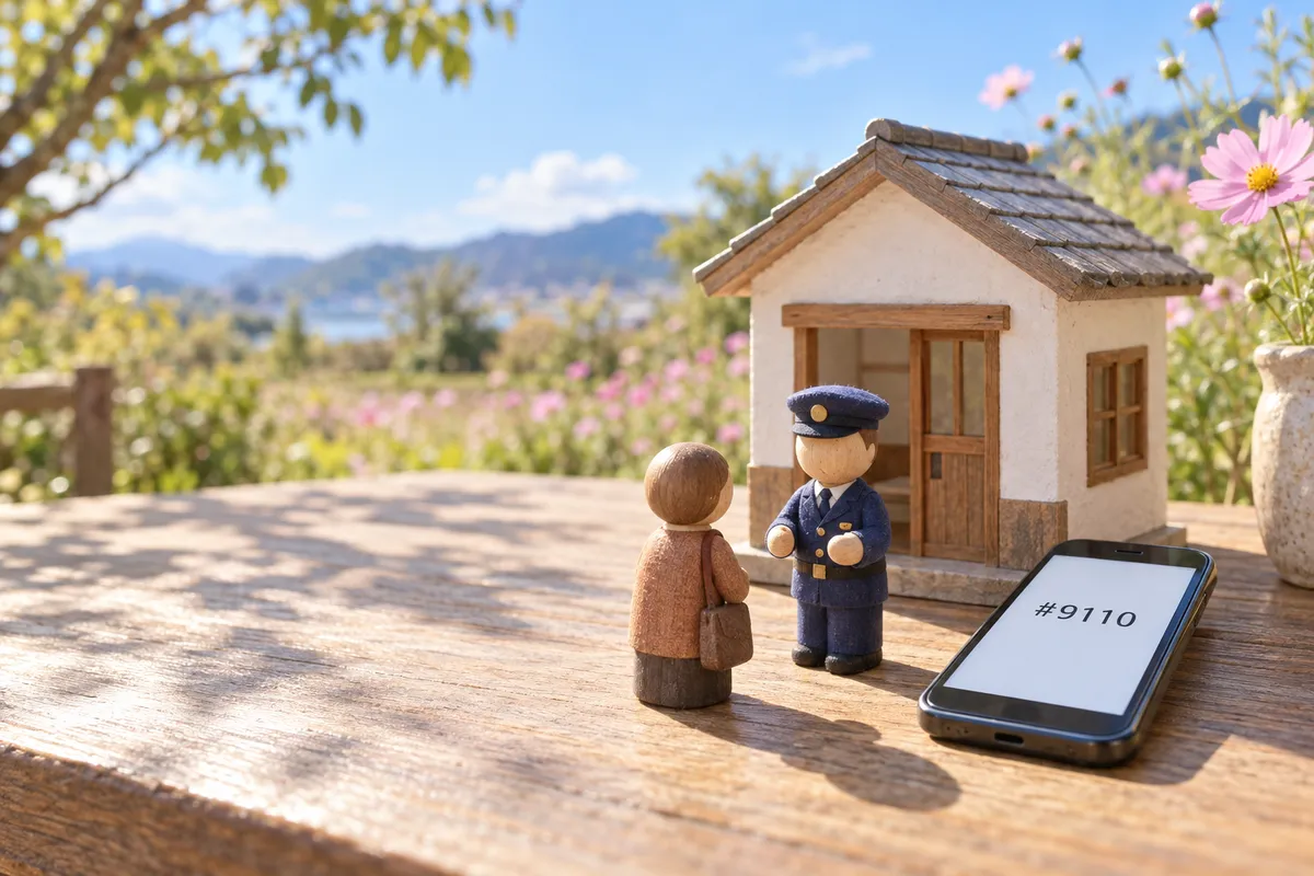 木の人形が向き合うミニチュアの交番と、#9110を表示したスマートフォン