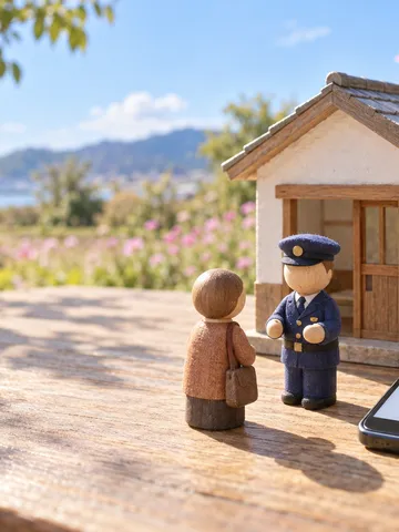 木の人形が向き合うミニチュアの交番と、#9110を表示したスマートフォン