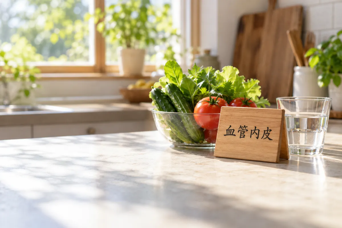 「血管内皮」の札と夏野菜、水のグラス