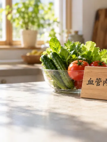 「血管内皮」の札と夏野菜、水のグラス